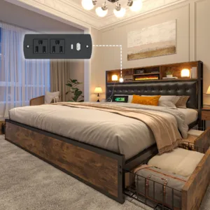 EnHomee Full/Queen/King Bed Frame with Charging Station and 4 Storage Drawers Platform Bed Frame with Upholstered Headboard No Noise