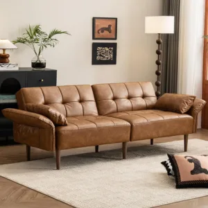 85" Futon Faux Leather Couch with Adjustable Armrests Brown | Futon Sofa Bed, Sleeper Sofa, Small Couch with Pillows,, Custom