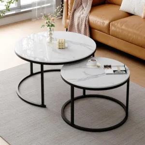 White Nesting Coffee Table Set of 2, 27'' Round Coffee Table Sintered Stone Top & Metal Frame, End Tables Center, Customized