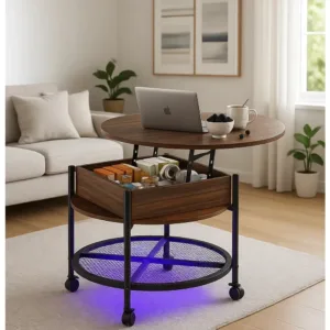 27" Lift Top Coffee Table with Wheels, Lights, Storage - Walnut, Metal Shelf, Farmhouse Style for Living Room