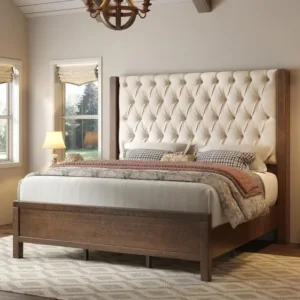 Jocisland Solid Wood King Size Bed Frame, 57" Tall Farmhouse Platform Beds, Upholstered Line Wingback Headboard, Deep Button