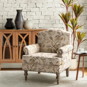 #Floral Upholstered Armchair Retro Wood Legs Nailhead Trim Living Room Bedroom Office Chair