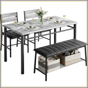 Dining Table Set for 4, Kitchen Table with Bench & 2 Chairs, Gray