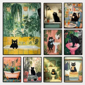 Whimsical Black Cat and Plants Illustration Poster Funny Toilet Animal Shower Canvas Painting Wall Art Cozy Bathroom Home Decor
