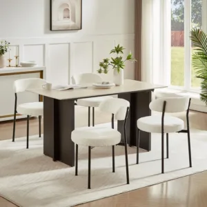 Beige Boucle Mid Century Upholstered Dining Chair Set of 4 with Curved Backrest for Kitchen and Dining Room