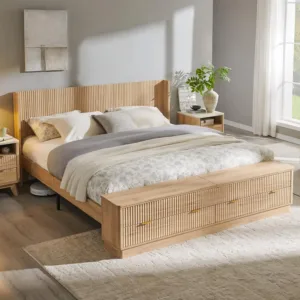 Fluted King Size Bed Frame with Headboard and Storage Bench | Wingback Design, Footboard Drawers and Compartments, Wood & Steel
