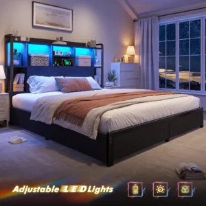 EnHomee Bed Frame with 4 Large Drawers & Charging Station & LED Lights Metal Platform Bed with 51" Tall Bookcase Headboard 9 Compartments, No Box Spring Needed, No Noise
