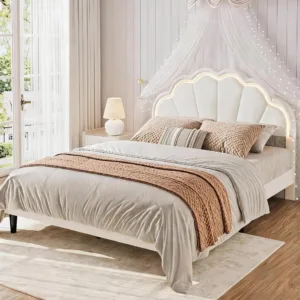 Twin Full Queen Upholstered LED Bed Frame, Velvet Shell Headboard, Adjustable Height, Underbed Storage, No Box Spring Needed, Easy Assembly