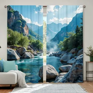 2pcs Blue Mountain Water Scenery Printed Door & Window Curtains u2013 Stylish Rod Pocket Window for Bedroom, Office, Living Room