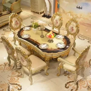 Traditional Antique Solid Wood Oval Dining Table & Chairs Set 6 Seater Durable Dining Room Furniture