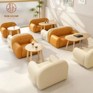 Commercial Restaurant Furniture Set Orange And Beige Faux Leather Sectional Couch Sofas Booth With Wooden Coffee Tables For Cafe