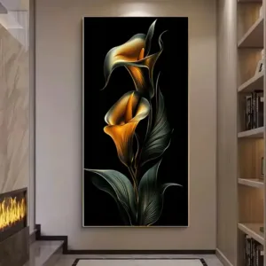 1pc 27.56x55.12in Frameless Modern Abstract Golden Calla Lilies Canvas Wall Art - Black Background with Golden Yellow & Dark Bro