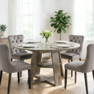 5 Piece Round Extendable Dining Table Set for 4, 43"-59" Grey Wood Oval Expanding Kitchen Table with 4 Velvet Tufted, Custom