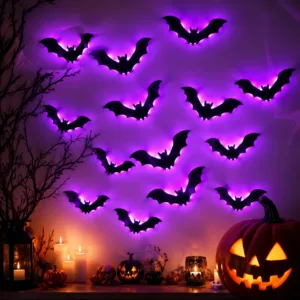 Halloween Bat Wall Stickers with Purple LED Glowing Lights Battery Operated Stickers for Window Door Garden Party Decor