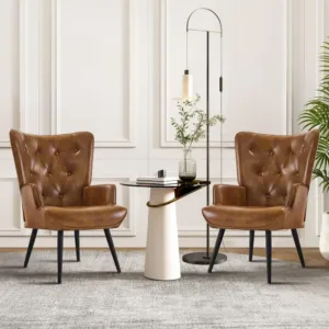 Accent Chairs Set of 2, Brown PU Leather Reading Armchair with High Backrest, Wingback Corner Chair Mid Century Modern for Livi