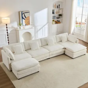 148" U Shape Sectional Sofa with Movable Ottoman, Beige, Custom
