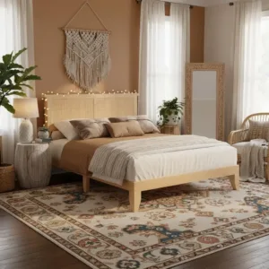 Bohemian Queen Rattan Bed LED Natural Headboard Bedroom | Bohemian queen rattan bed with natural headboard, LED, Customized