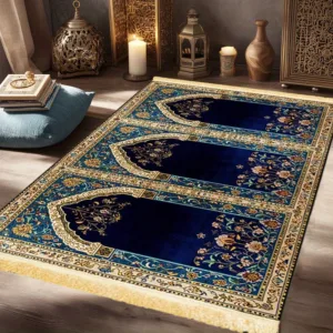 VIKAMA Blue Gold Luxury Artistic Prayer Mat Foldable and Portable Suitable for Muslim Pilgrimage Activities Indoor and Outdoor D