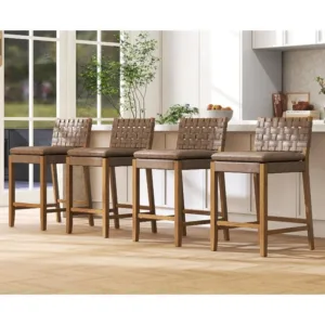 EALSON Mid Century Rattan Bar Stools Set of 4 Modern Farmhouse Barstools with Leather Woven Backs 26 Inch Wooden Counter