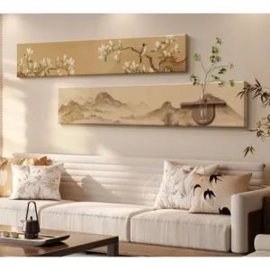 Oriental Zen Ink Wash Painting Set Modern Minimalist Gold Mountain Art Elegant Foyer & Bedroom Decoration Framed Wall Picture