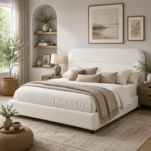 Full Size Bed Frame, Boucle Upholstered Bed Frame Full with Headboard and Thickened Footboard, Rounded Corners, No, Customized