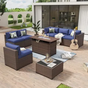 u*-8 Piece Patio Furniture Set With 44” Fire Pit Table Wicker Rattan Outdoor Sectional Sofa Set With Coffee Table And