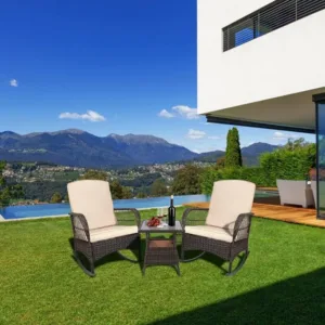 3 Pcs Outdoor Rocking Bistro Set PE Wicker Chairs & Glass Table for Porch Lawn Garden