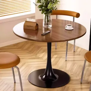 Round table, household wooden dining table, side table, negotiation coffee table, coffee round table, carbon steel metal base