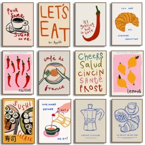 Colourful Cheers Chili Fruit Lemon Foodie Coffee Sushi Croissant Wall Art Poster Kitchen Canvas Painting Prints Home Decor