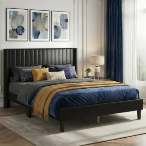 MCQ Wooden Bed Frame with PU Leather Wingback Headboard No Box Spring Needed with Sturdy Wooden Slats Support Upholstered Mattress Foundation For Home Bedroom