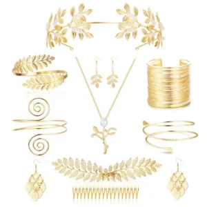 9 Pcs Greek Goddess Costume Accessories Set for Women Golden Laurel Leaf Crown Headband Upper Arm Coil Bracelet Pearl Leaf Dangle Earring Artificial Pearl Earrings Necklace Bridal Wedding