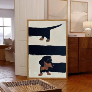 Playful Mid-Century Dog Wall Art - Textured Impasto Print of Curious Dachshunds, Blending Clean Geometric Lines with Warm Earth