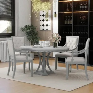 Round Dining Table Set or 4, armhouse Kitchen Table Set with Exble Round Table and 4 Upholstered Chairs or Kitchen, Dining Room,