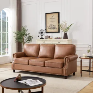 Mid-Century Modern Couch, Faux Leather Sofa, 3 Seater Couch for Living Room with Rolled arms & Nailhead Trim, Brown, Customized