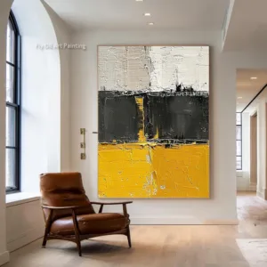 Bold Block‑Tone Impasto Wall Decor, Vivid Yellow Black White Sections, Hand‑Painted Vertical Canvas For Mid‑Century Modern Rooms