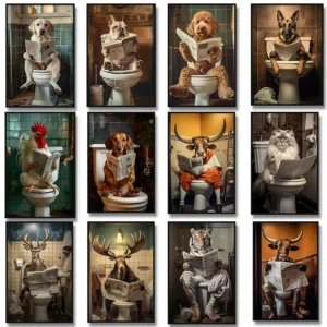 Bulldog Rooster Cow Cat Reading Newspaper Sitting on A Toilet Canvas Painting Print Funny Animals Bathroom Poster Wall Art Decor