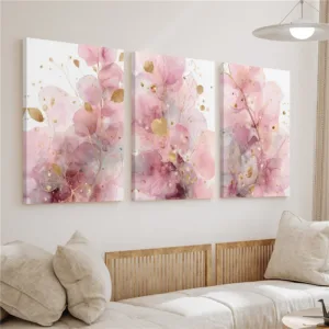 3Piece Pink Gold Abstract Floral Watercolor Art with Frame Canvas Painting Living Room Bedroom Home Decoration