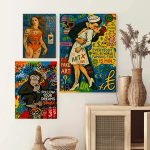 Pop Art Style Kiss Canvas Prints, Urban Graffiti Monkey Poster, Follow Your Dreams Canvas Wall Art, Street Art Wall Decoration