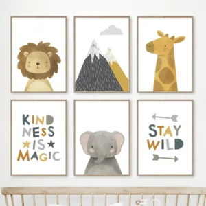 Safari Animal Wall Art Print Lion Elephant Giraffe Nursery Decor Kids Room Poster Canvas Nordic Jungle Baby Bedroom Decoration