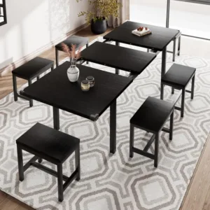 63 Inch 7 Piece Extendable Dining Table Set with 6 Stools, Kitchen Table for 4 to 8 People with Sturdy Metal Frame