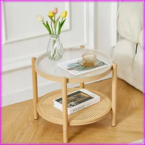 19.6" Boho Rattan Coffee Table, Round Tempered Glass Metal End Table