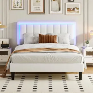 LED Bed Frame, Upholstered Platform Bed Frame With Headboard, Faux Leather, No Box Spring Needed, Easy Assembly, White/ Pink/ Black, Twin /Full/ Queen (USB LED Strip)