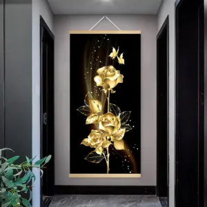 2D Flat, 1psc Modern Minimalist Wood Scroll Canvas Painting Poster Prints with White Calla Lily-like Flowers & Golden Leaves