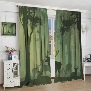 Deer Blackout Curtain,Green Misty Forest Rustic Wildlife Moose Mountain Elk Birds Pine Forest Silhouette Window Curtains for