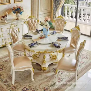 DSA dining table and chair combination solid wood carving flower belt turntable round table, villa luxury home marble table