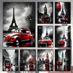 Retro Red Car Black and White Paris London Landscape Painting Wall Art Canvas Painting Poster for Living Room Home Decoration