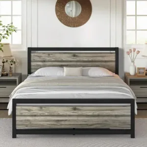 Bed Frame With Headboard, Farmhouse Bed Frame With Wooden Headboard, Heavy Duty Metal Bed Frame, No Box Spring Needed, Noise-Free, Esay Assembly, Bedroom Furniture,Twin/ Full/ Queen, Black/ Gray/ White/ Brown