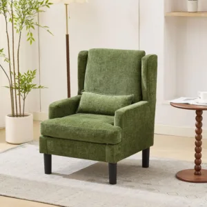 Mid Century Modern Wingback Accent Chair, Upholstered Chenille Reading Armchair With Lumbar Pillow, High Back, Wood Legs For Living Room