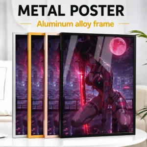 Cyberpunk Samurai Girl Under Red Moon Framed Metal Print Customized Photo Action Style Wall Art For Studio Ideal Birthday Gift
