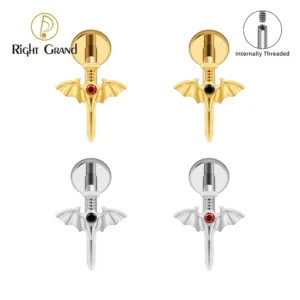 Right Grand ASTM F136 Titanium Angel Wing Sword Helix Piercing 16G Knife Flat Back Cartilage Stud Gothic Halloween Jewelry